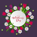 Happy Mother`s day greeting card. Paper cut flowers tulips, chamomile and narcissus, holiday background.